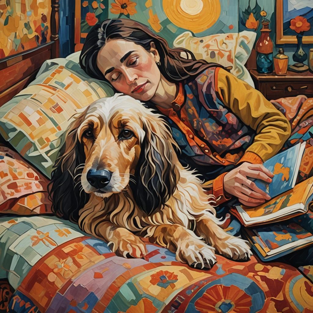 Woman Reading with Afghan Dog, Oil Painting