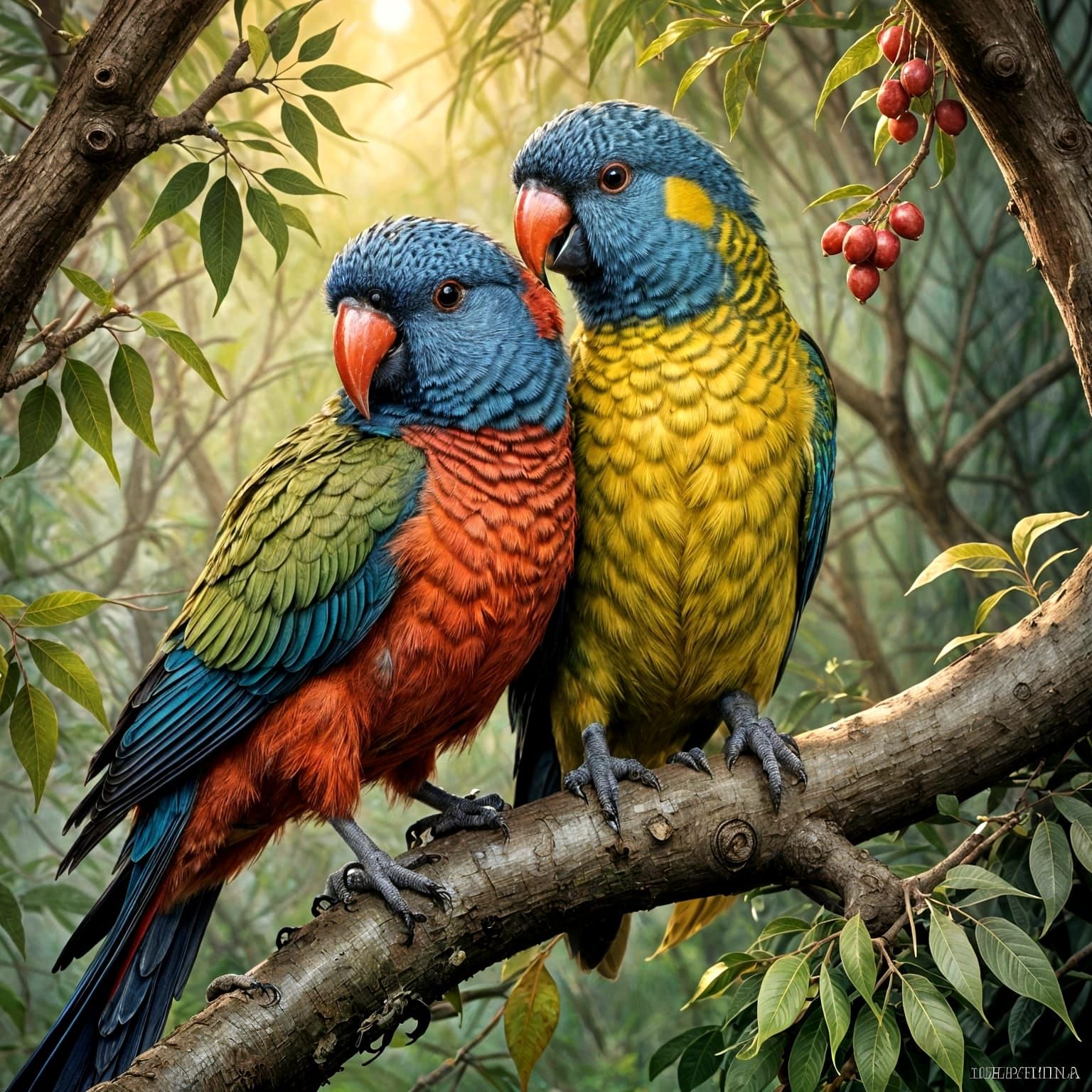 Australian Eastern Rosellas on a Silver Gumnut Tree in Twili...