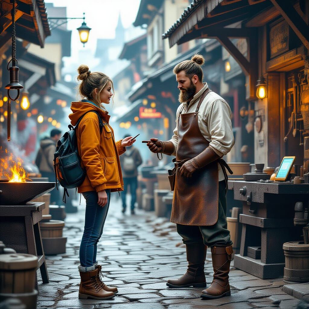 Modern Girl and Medieval Blacksmith Fusion