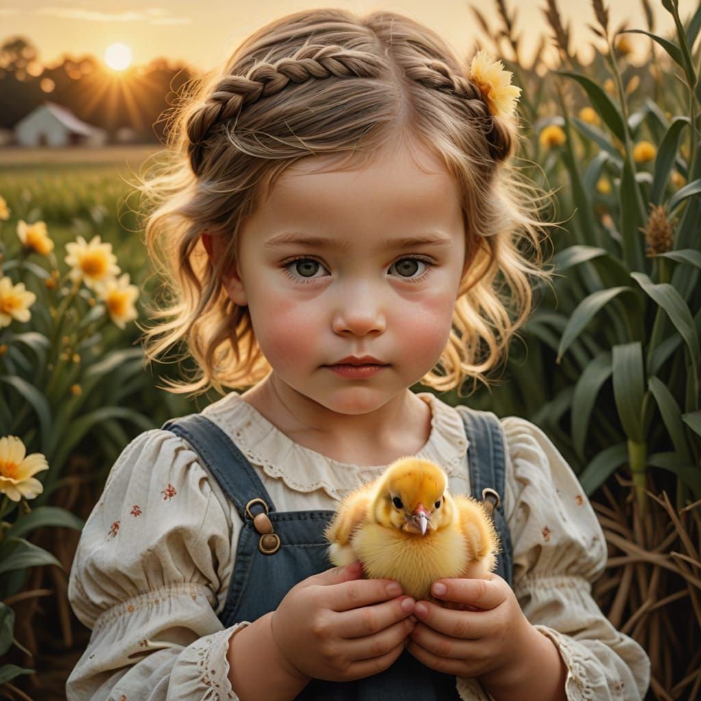 Little Girl Holds Baby Chick in Sunny Farm Setting