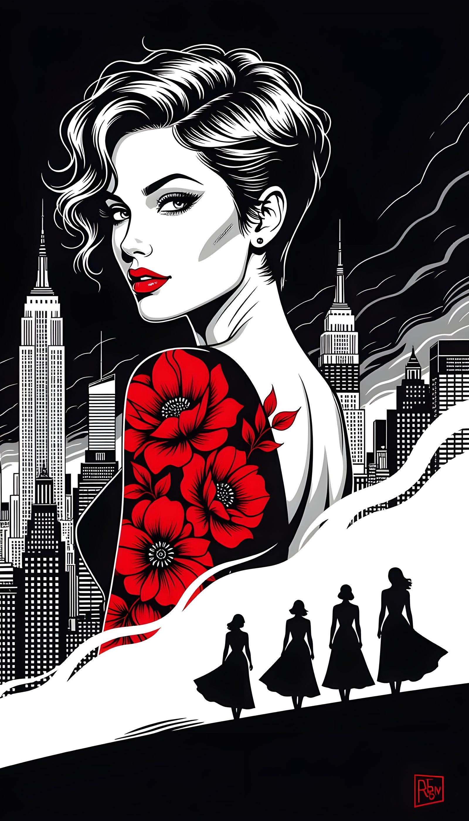 Monochromatic Silhouette of Woman with Red Flower Tattoo and...