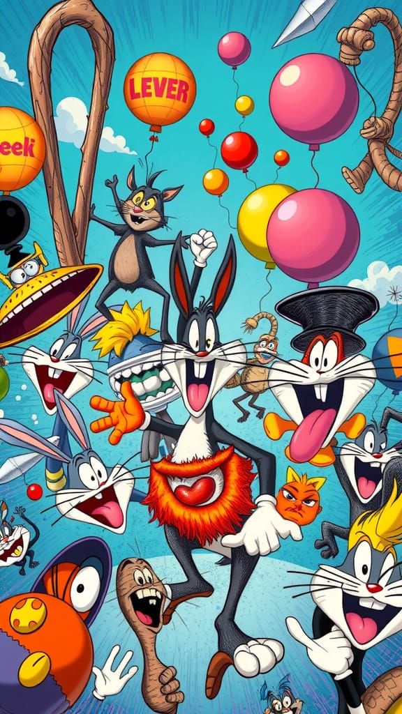 Whimsical Cartoon Chaos in Bright, Clashing Colors