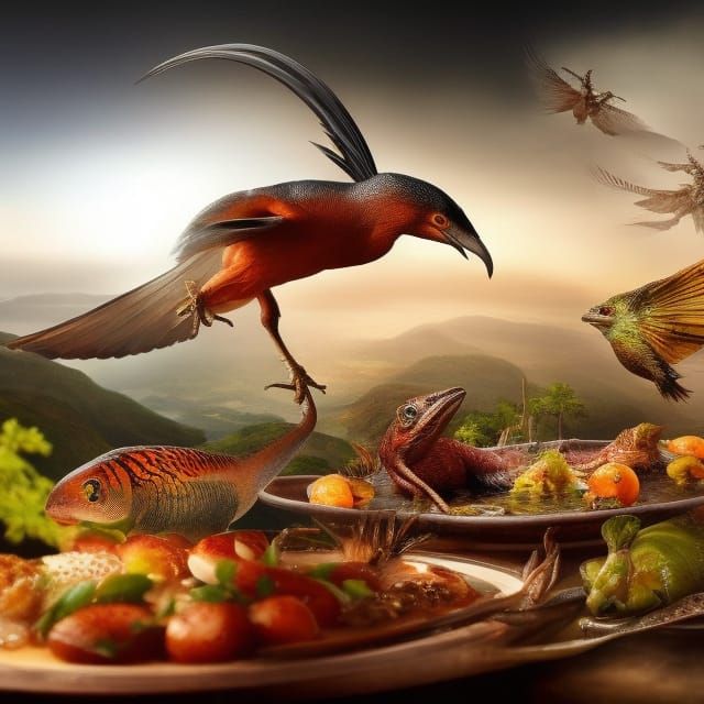 Surreal Restaurant with Bizarre Food, Hyperreal Painting