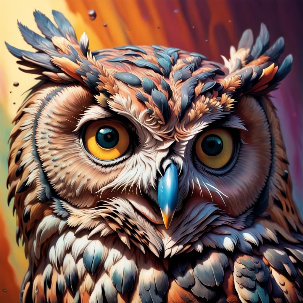 Hyperrealistic Owl with Colorful Background, Splash Art