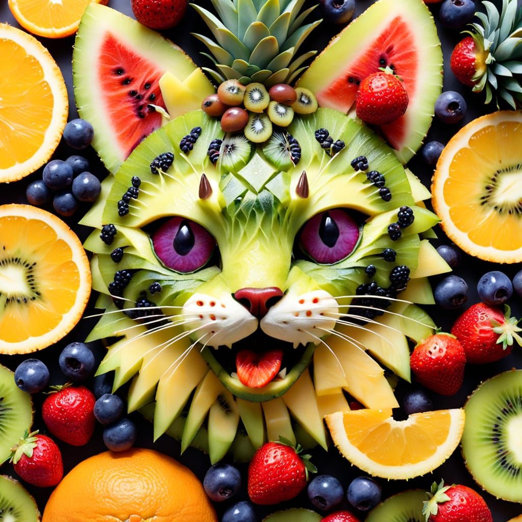 Fruit Cat Sculpture in Vibrant Colors