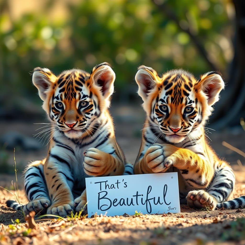 Lion or Tiger Cubs Holding Sign in Savanna