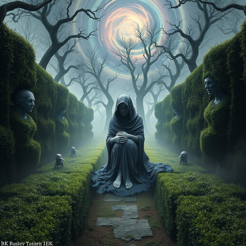 Twisted Hedge Maze with Screaming Statues in Gothic Horror S...