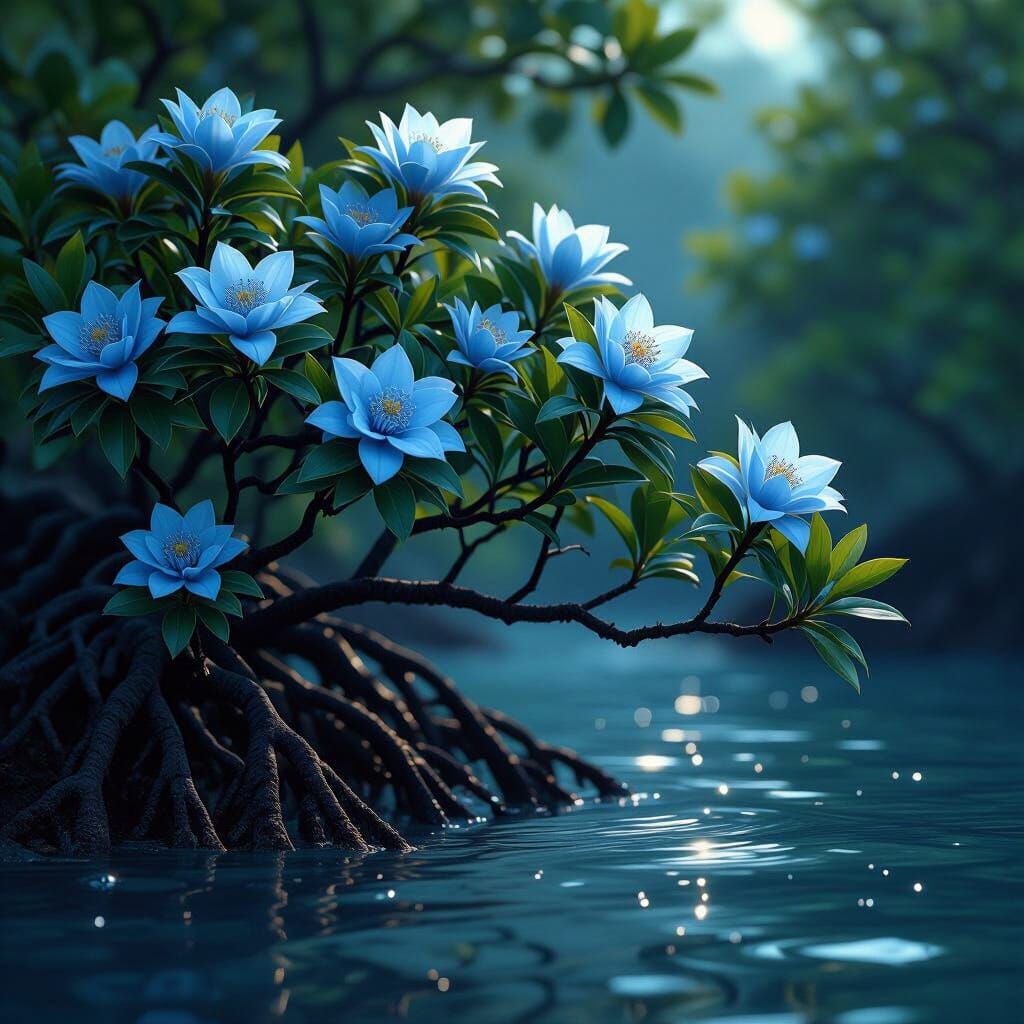Hyperdetailed Mangrove Habitat with Blue Blossoms