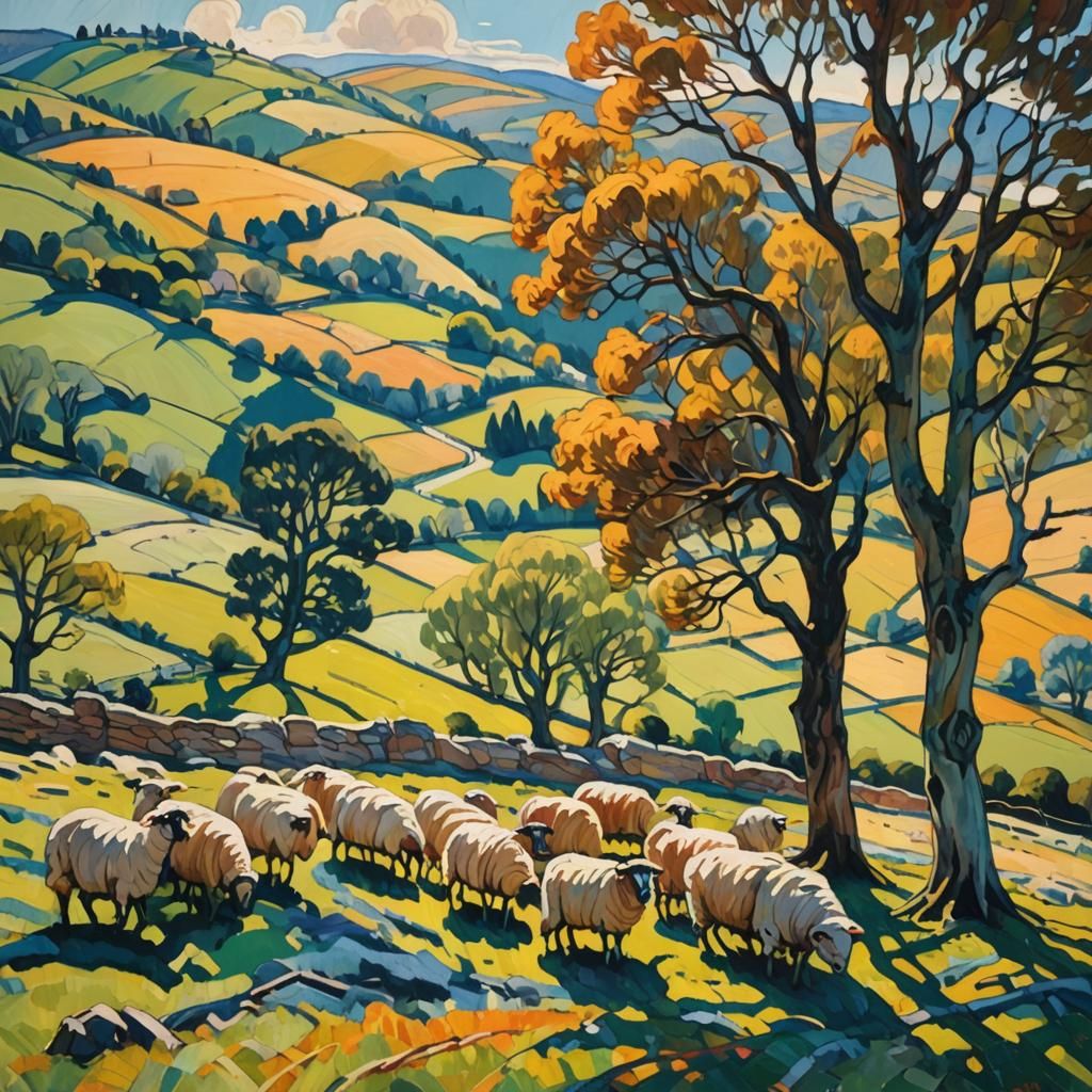 Expressionist Landscape with Grazing Sheep