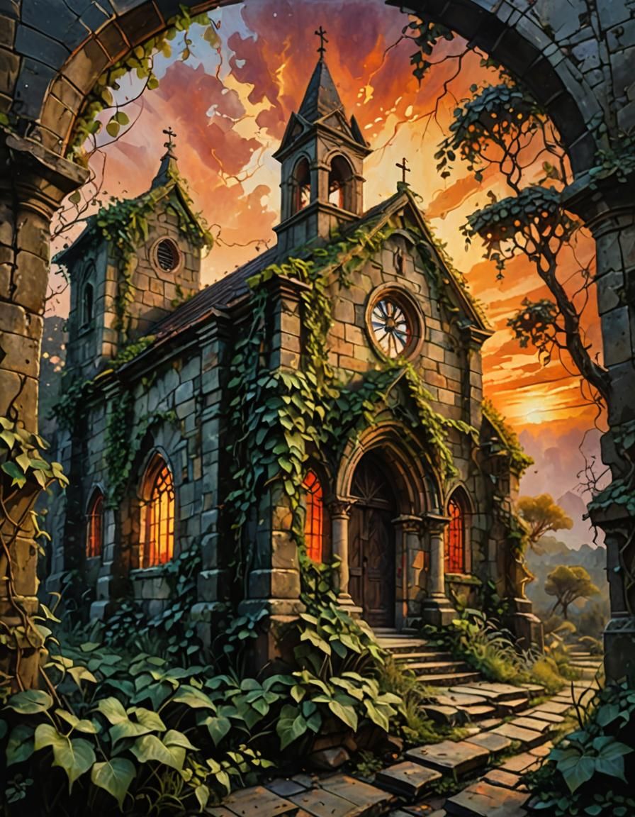 Romanesque Chapel in Overgrown Garden: Acrylic Painting