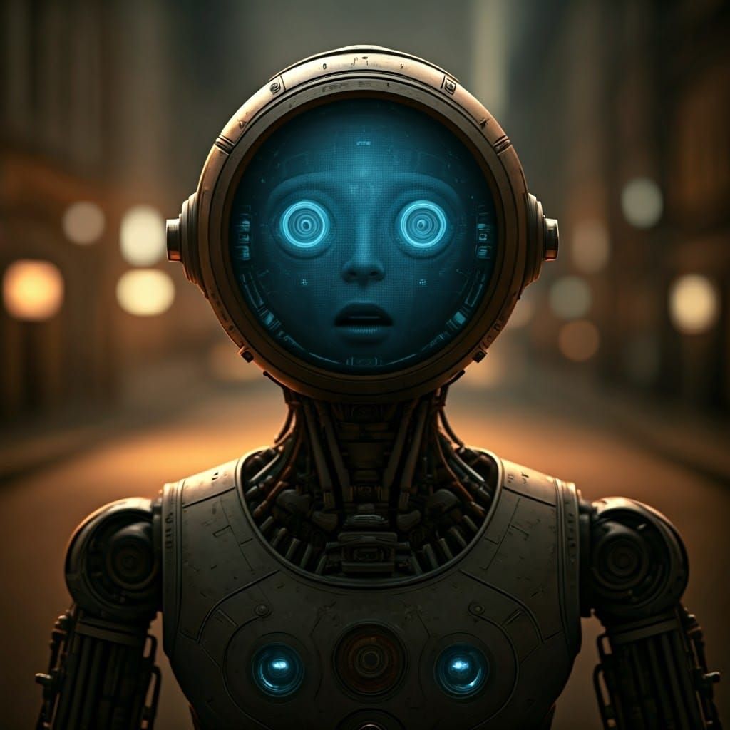 Futuristic Android Frozen in Panic Amidst Blurred Cityscape