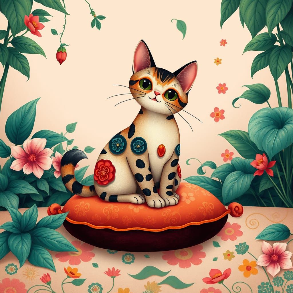 Kawaii Cat in Vibrant Floral Wonderland