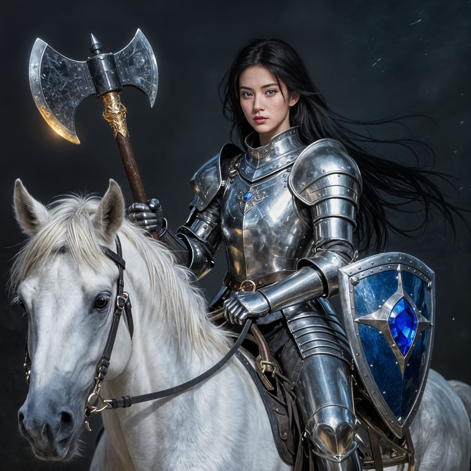 Asian Knight with Glowing Ax and Sapphire Shield