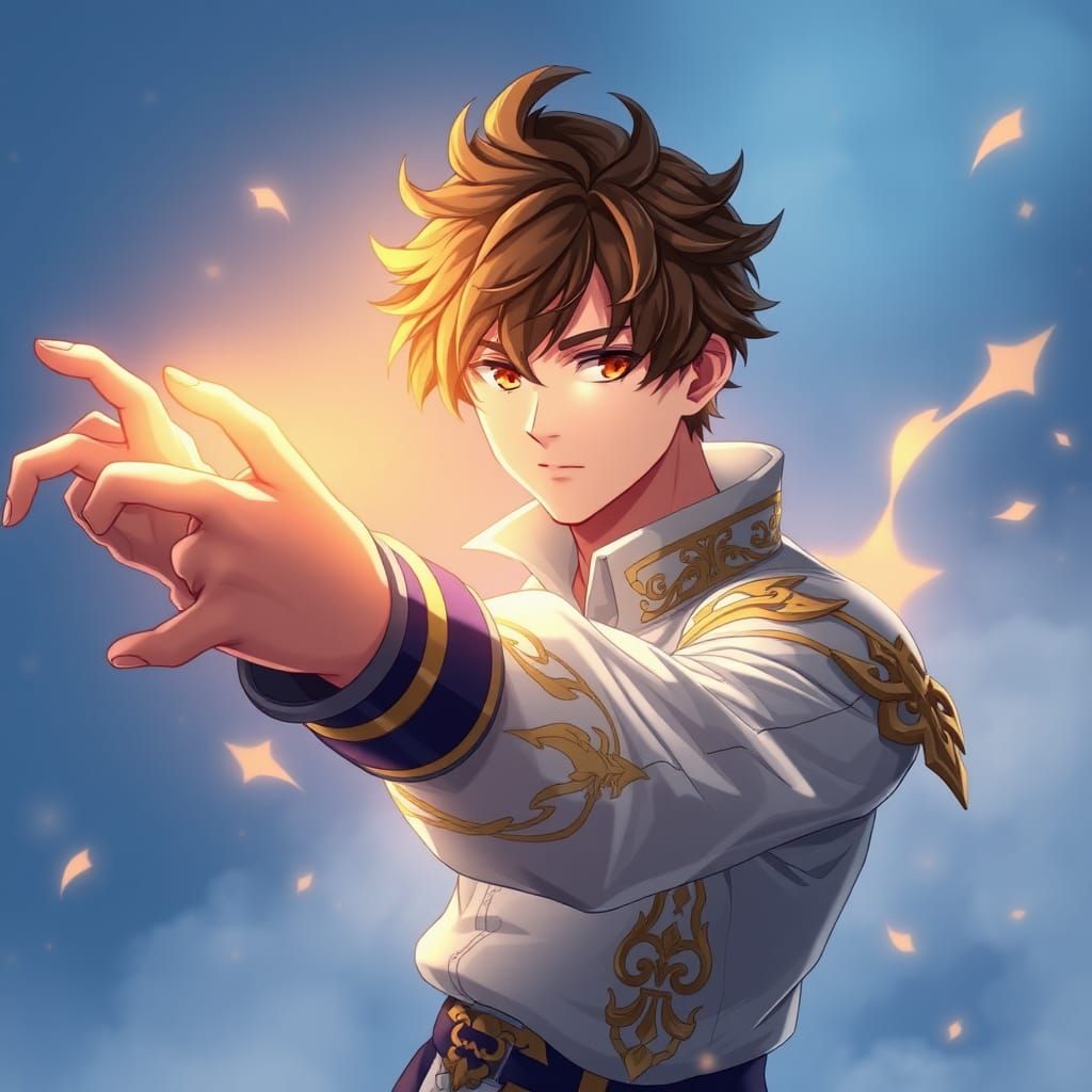 Anime Hero with Golden Aura and Brown Hair