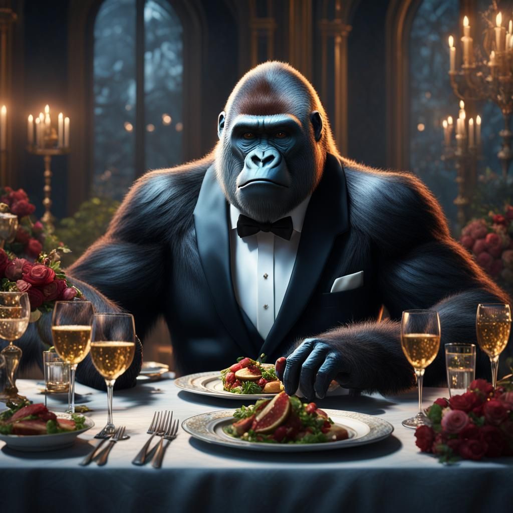 Gorilla in a tuxedo  at dinner party