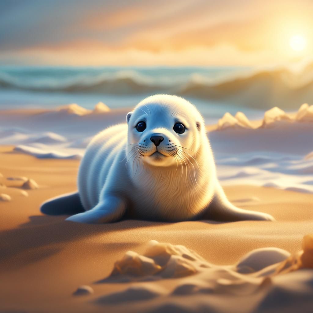 Cute Arctic Seal on Sandy Beach in Impressionist Style