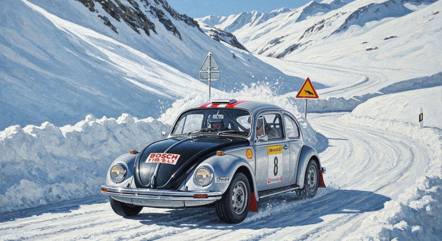 Textured Oil Painting of Salzburg VW Beetle Rally Car in Alp...