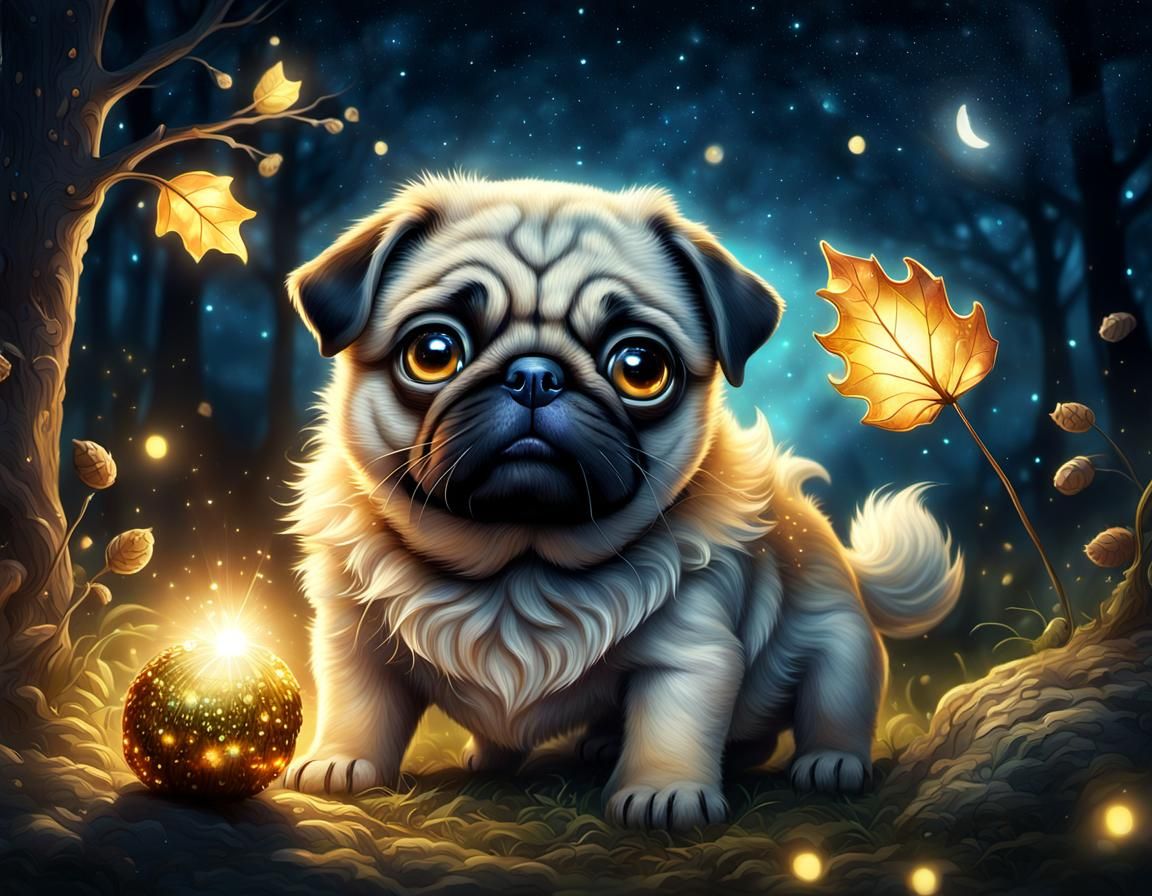 Adorable Pug Holding Magical Acorn at Night
