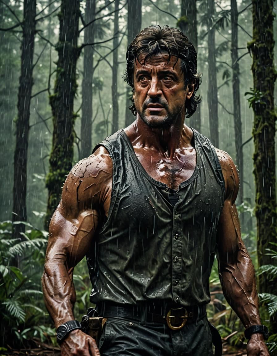 Rambo in Gloomy Forest: Cinematic Film Still