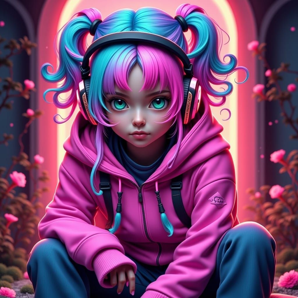 Hyperreal Pink and Blue Haired Tech Character