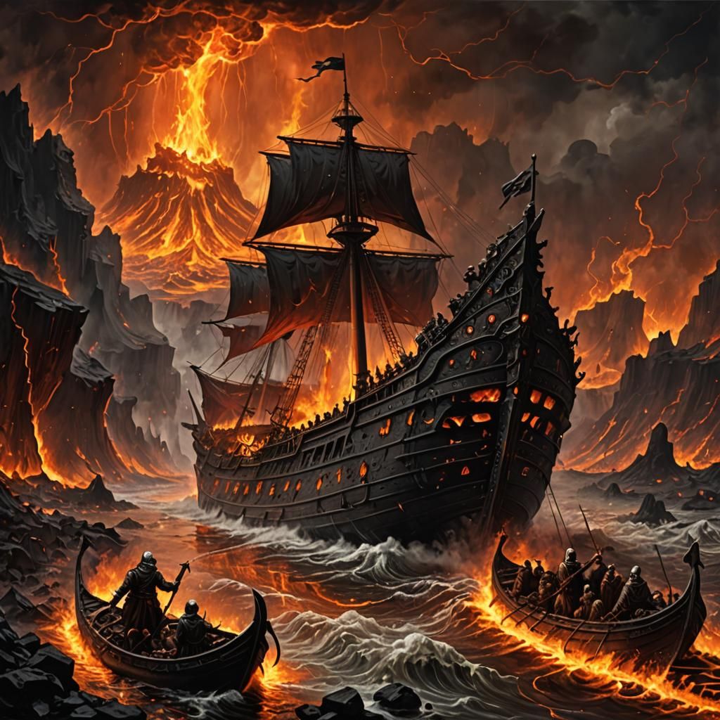 Charon's infernal ship navigating on river Acheron, on a riv...
