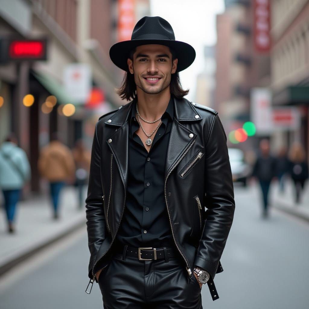 Man in Black Leather with Fedora Smokes on City Street