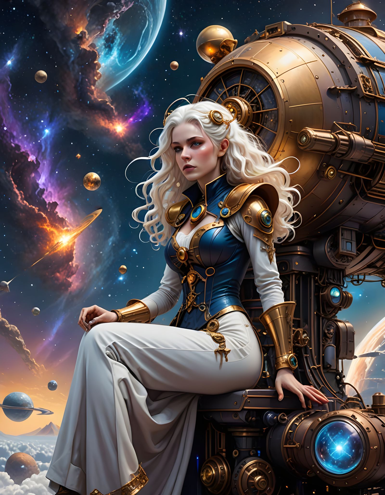 Steampunk Albino Witch with Futuristic Starship