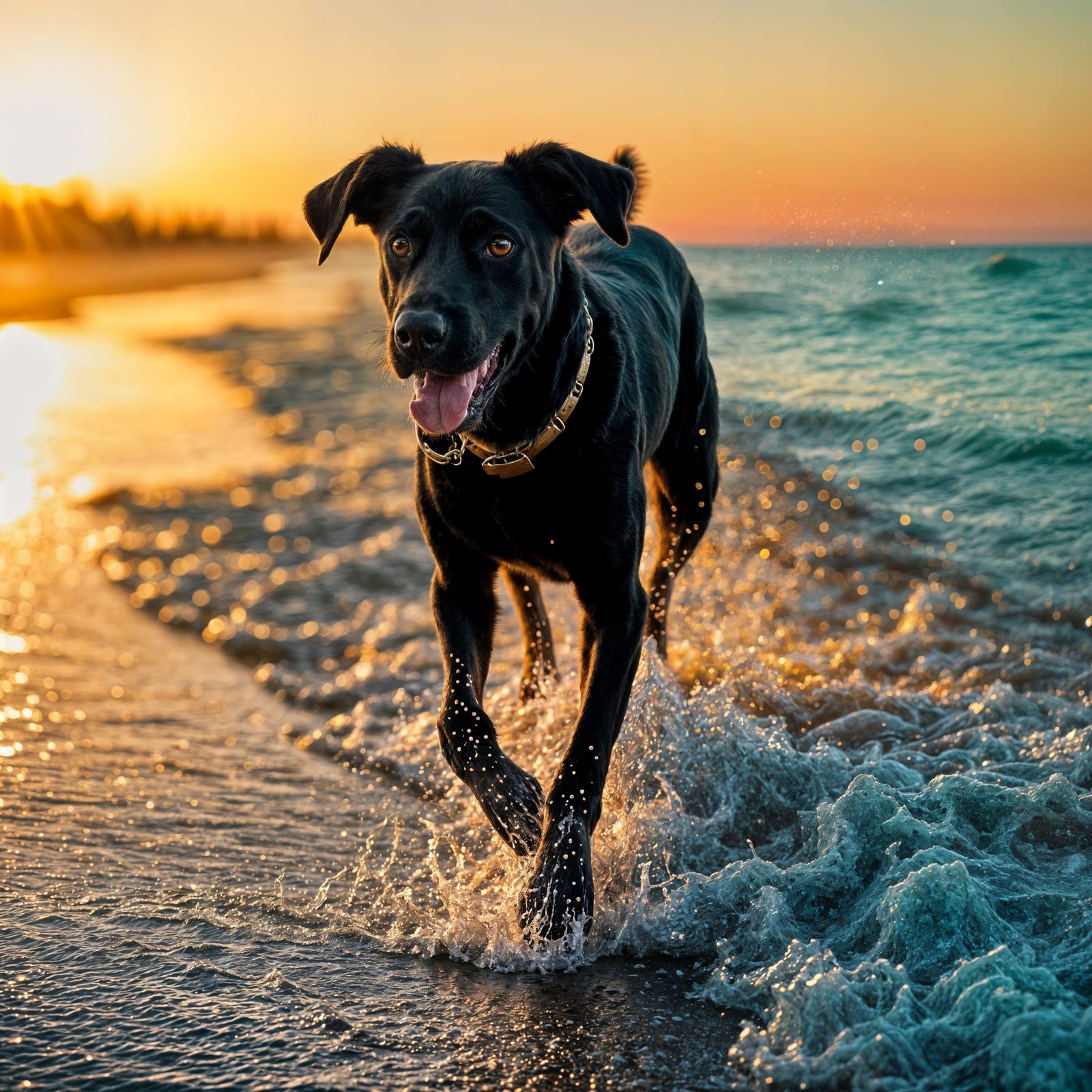 Black Lab at Sunset: Hyperrealistic Beach Scene