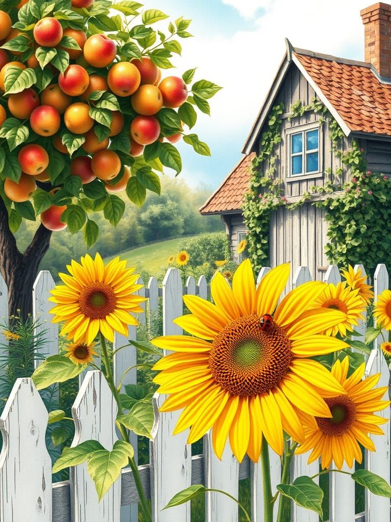 Vintage Garden Scene with Apple Tree and Sunflowers