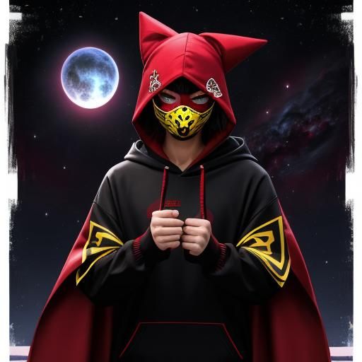 Crimson Trickster in Hoodie Against Cosmic Backdrop