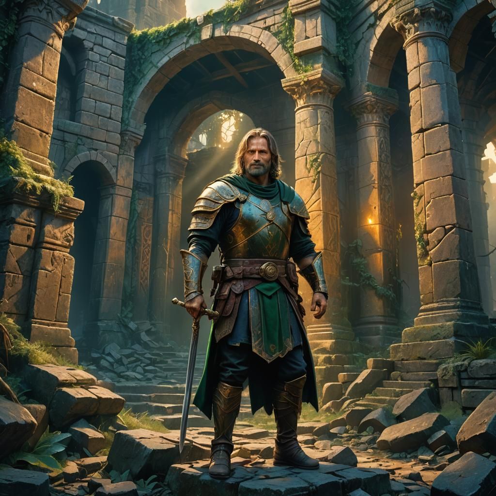 Brooding Warrior in Ancient Ruins: Fantasy Oil Painting