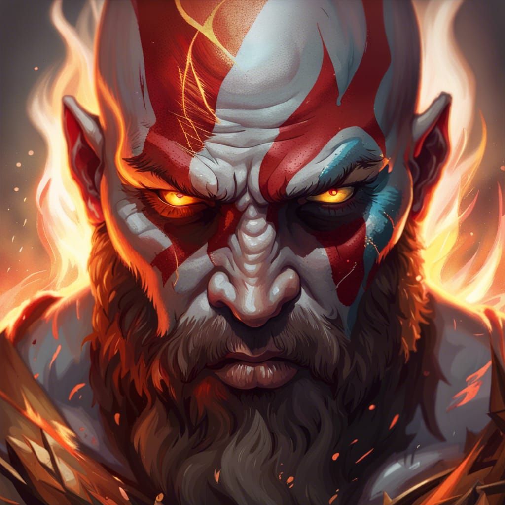 Hyperdetailed Kratos Portrait with Fire Eyes