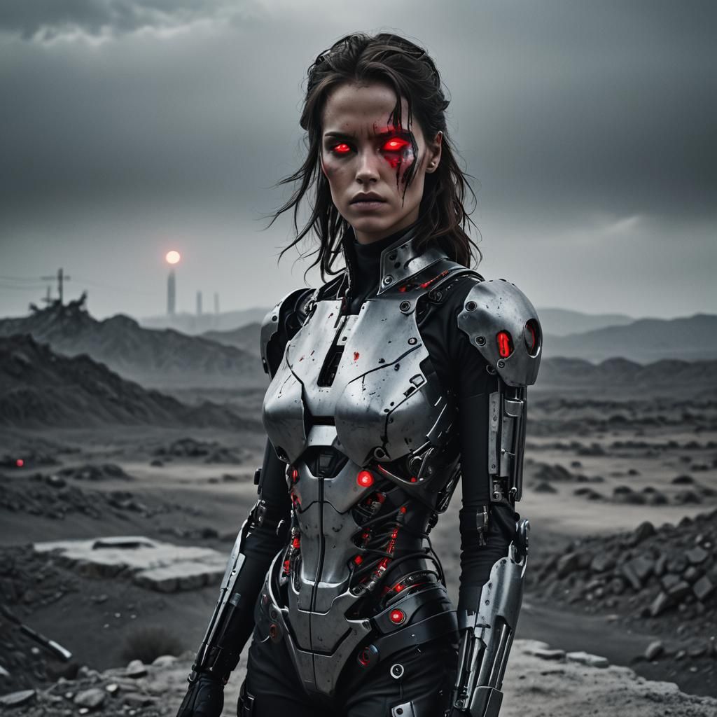 Ethereal Terminator Girl in Monochromatic Futuristic Style