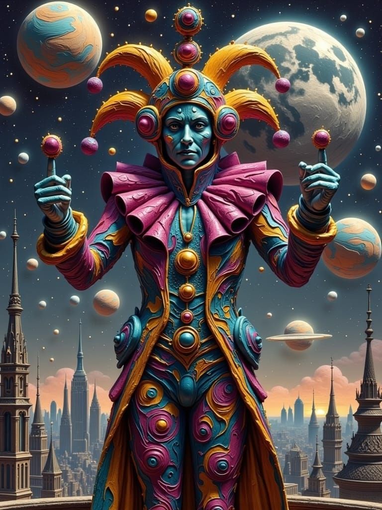 Futuristic Jester in Neon Throne Room, Sci-Fi Art