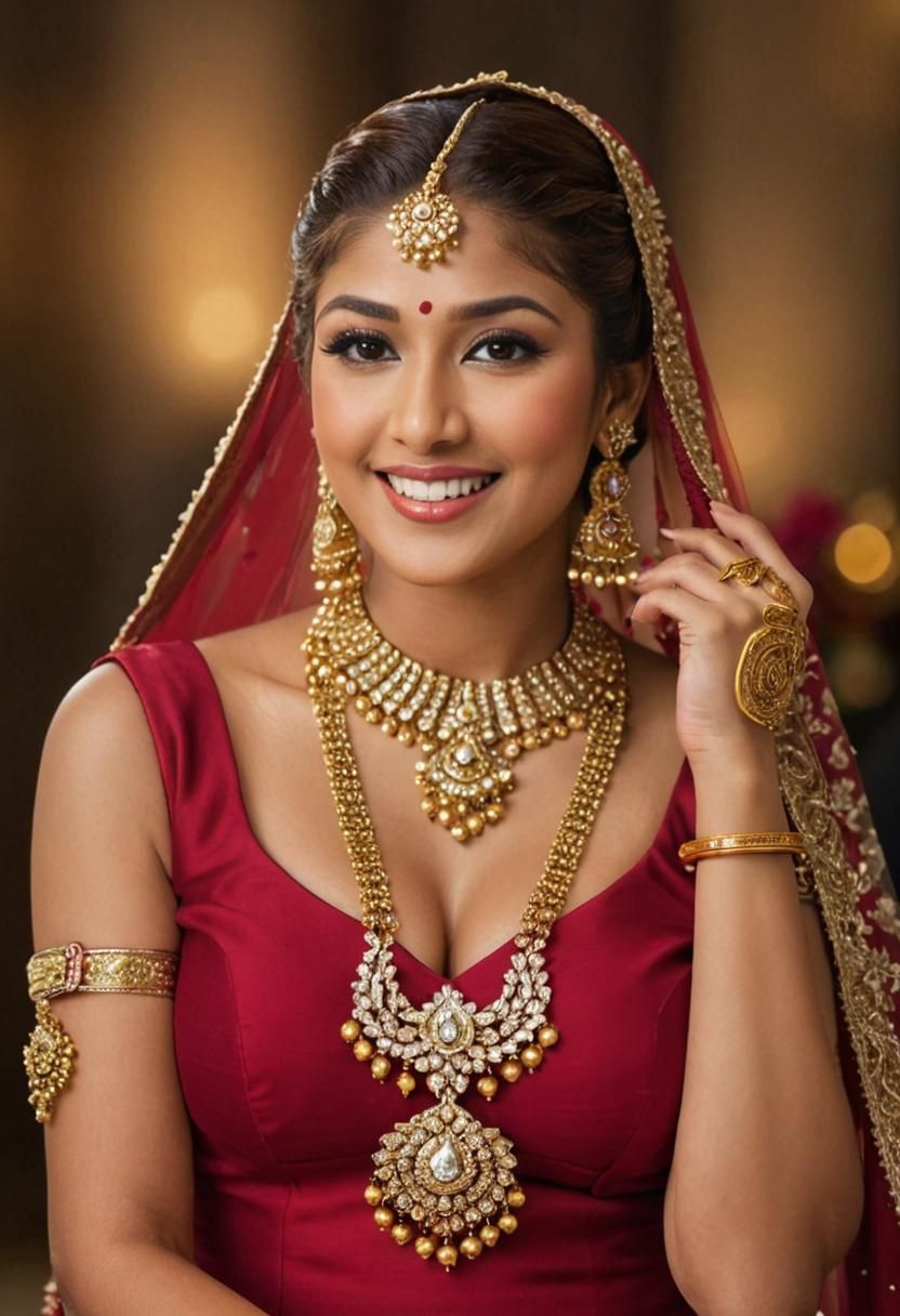 A smiling beautiful hot curvy (voluptuous:1.7) Nayantara in bridal lehenga with heavy traditional ethnic intricate gold ...