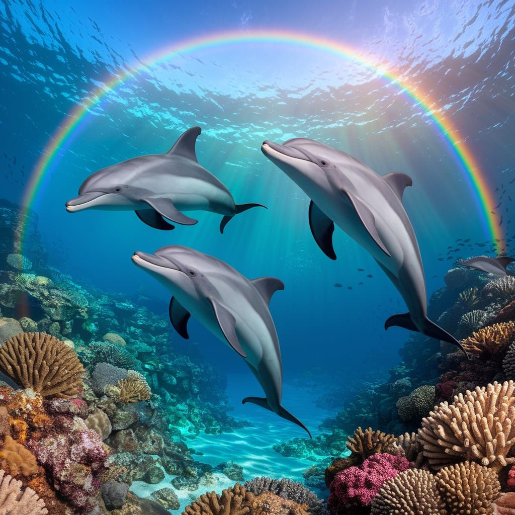 Dolphins Leaping Under Rainbow Over Coral Reef