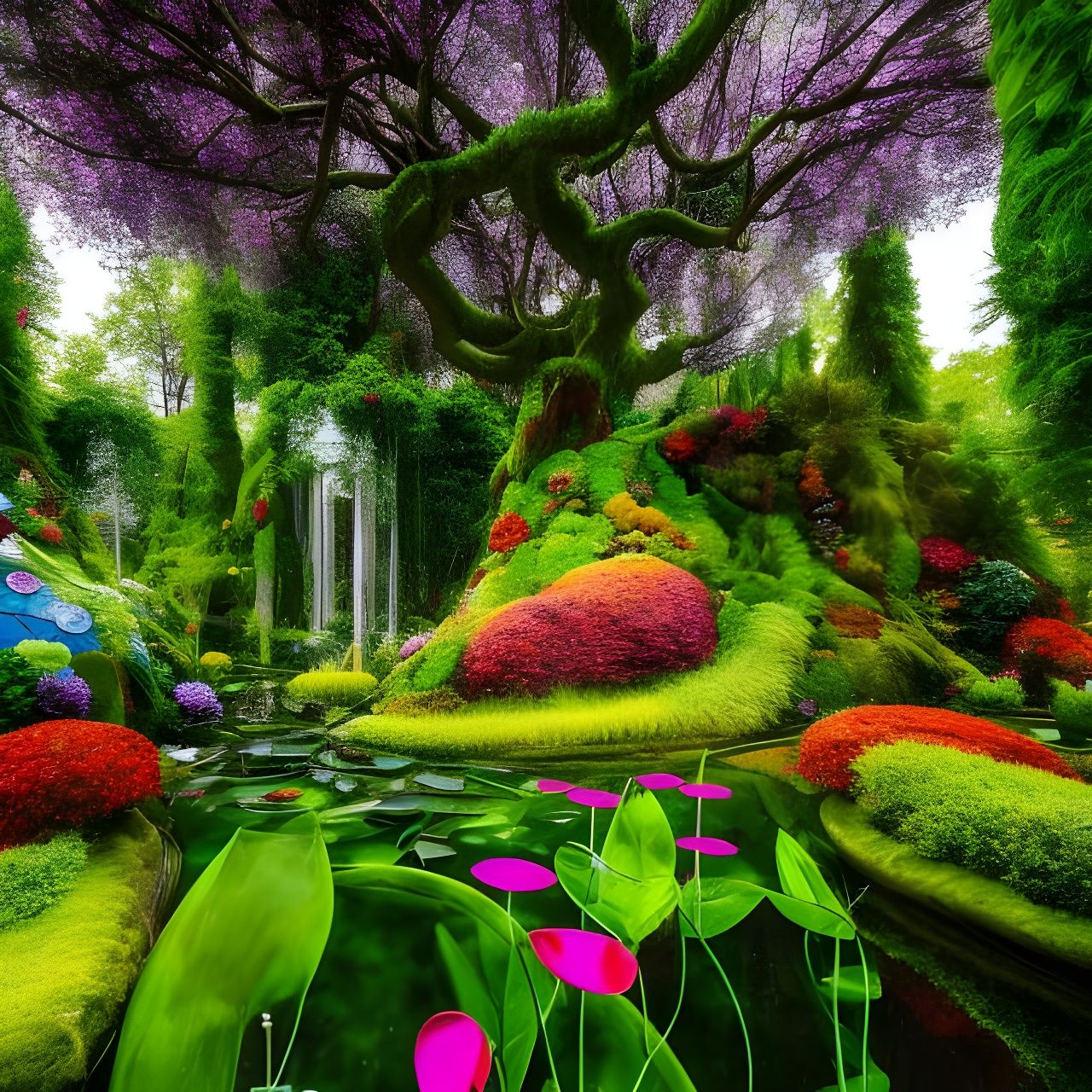 Fairy castle made of curved glass, in a fantasy forest made of glass sculpture flowers, plants, and trees, Hyperrealisti...