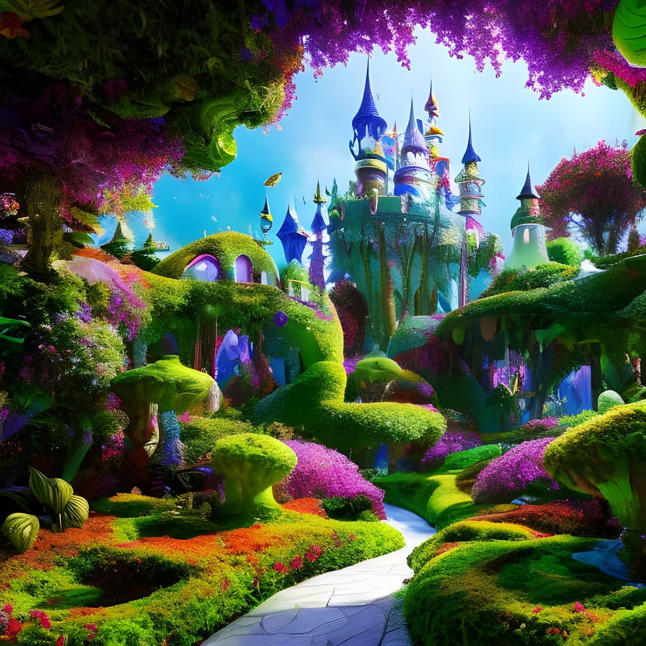 Fairy castle made of curved glass, in a fantasy forest made of glass sculpture flowers, plants, and trees, Hyperrealisti...