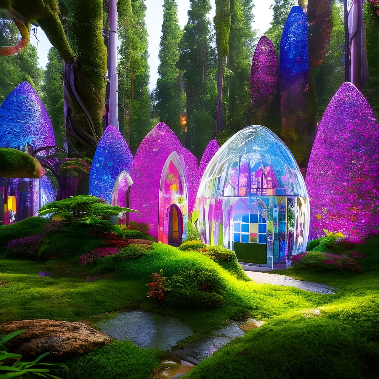 Fairy castle made of curved glass, in a fantasy forest made of glass sculpture flowers, plants, and trees, Hyperrealisti...