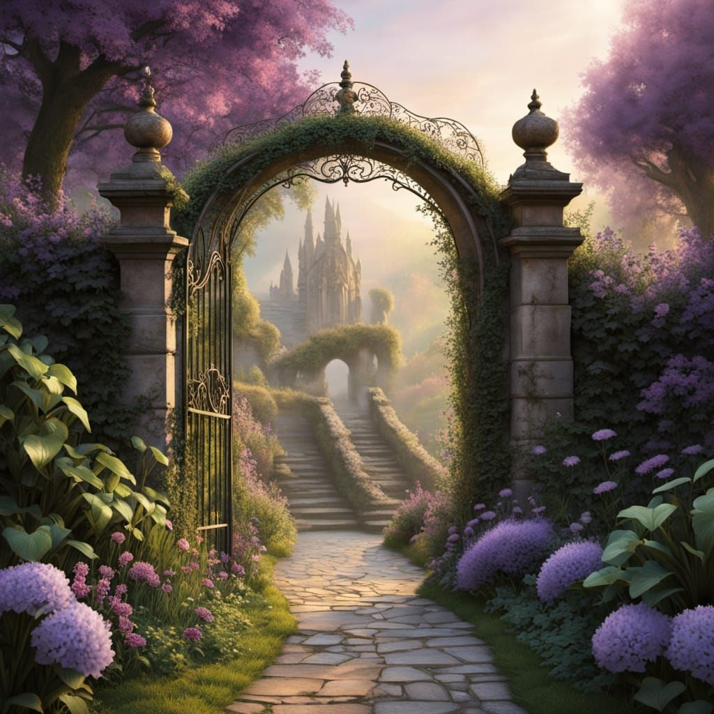 Mystical Garden Gate in Violet Evening Light