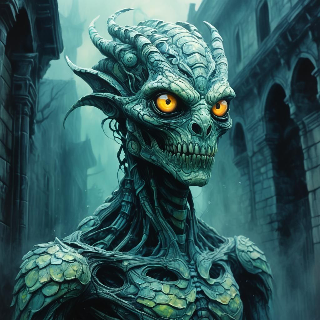 Eerie Dark Fantasy Creature in Watercolor Style