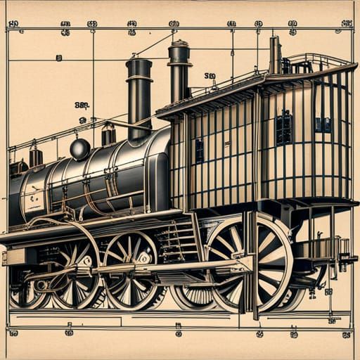Detailed Steam Locomotive Blueprint in Pen and Ink