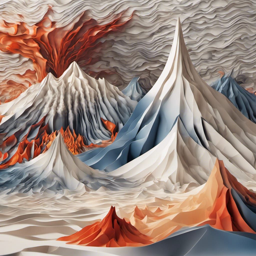 Surreal Origami Volcano Eruption in Oil