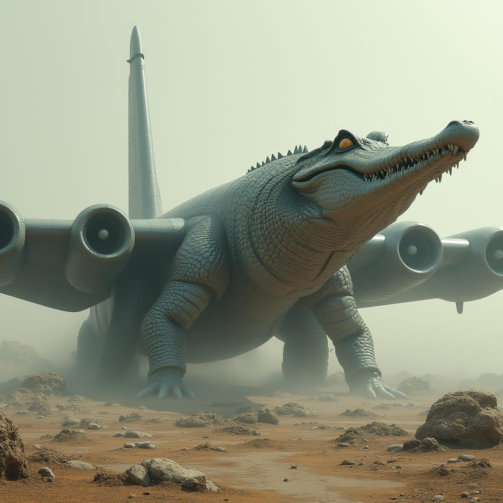 Cyberpunk Crocodile Bomber Emerges from Futuristic Ruins