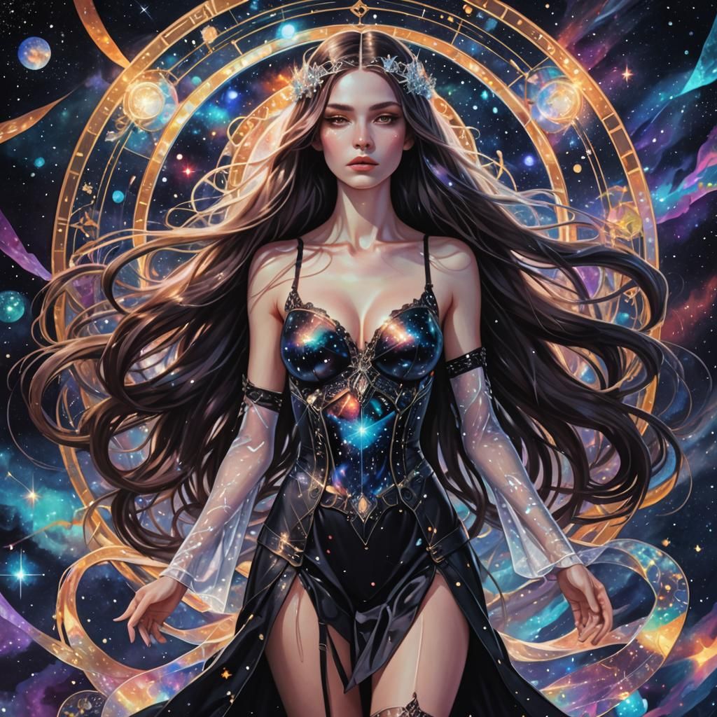 Woman in Dark Dress, Holographic Astral Illustration