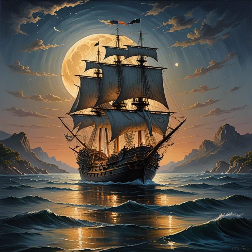 Epic Galleon Sails Across Shining Water in Golden Hour