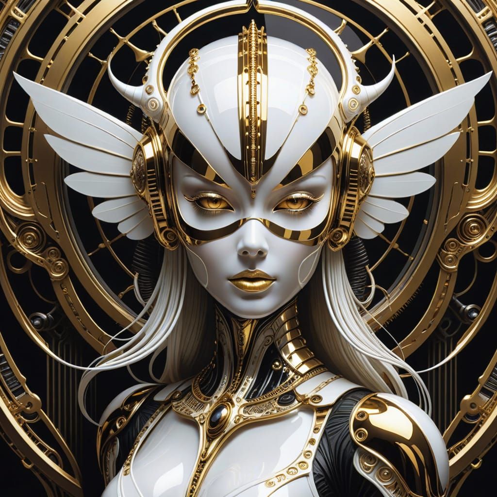 Cyber Goddess with Biomechanical Details in Metallic Gold