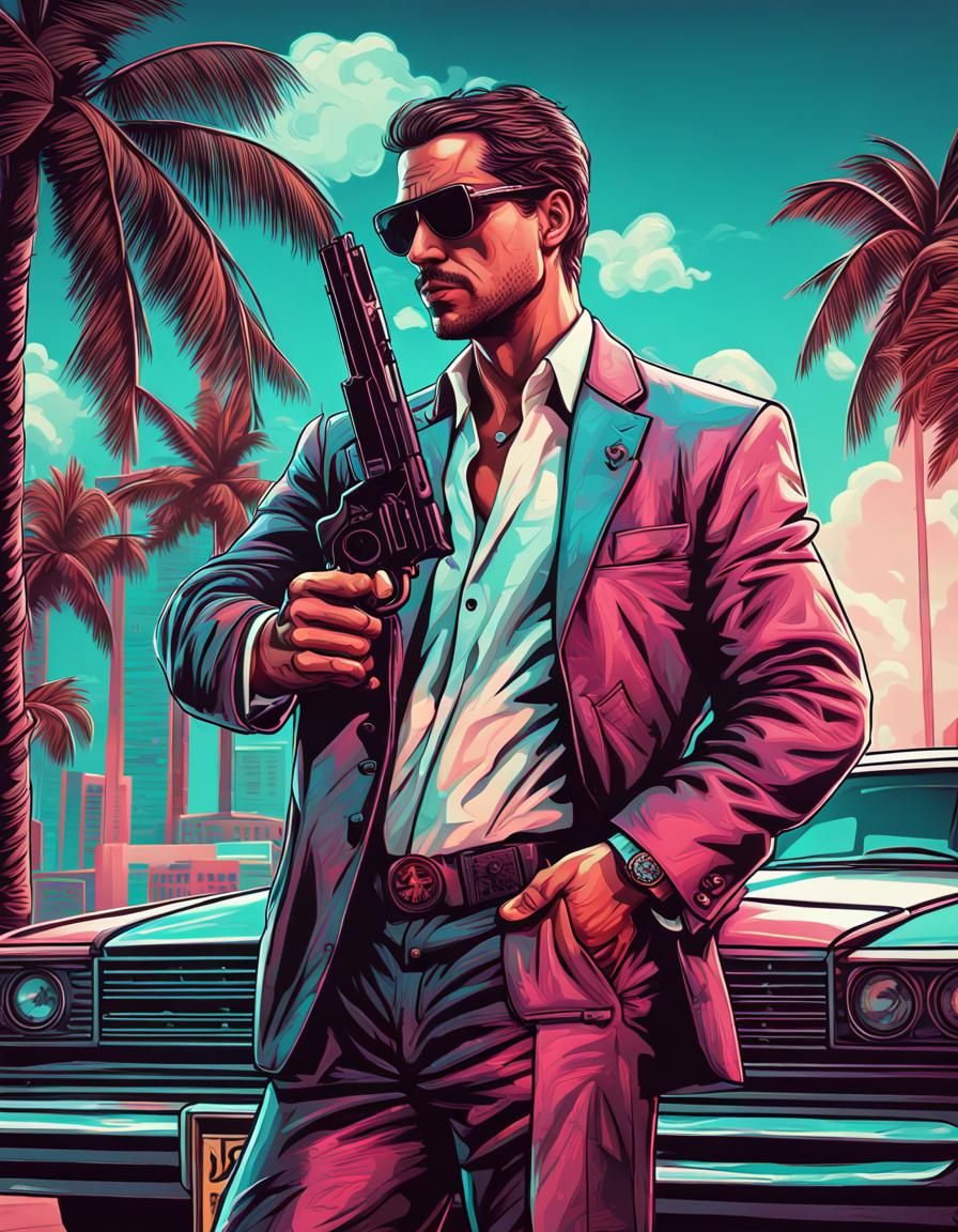 Bitcoin Detective in Retro Miami Vice Style