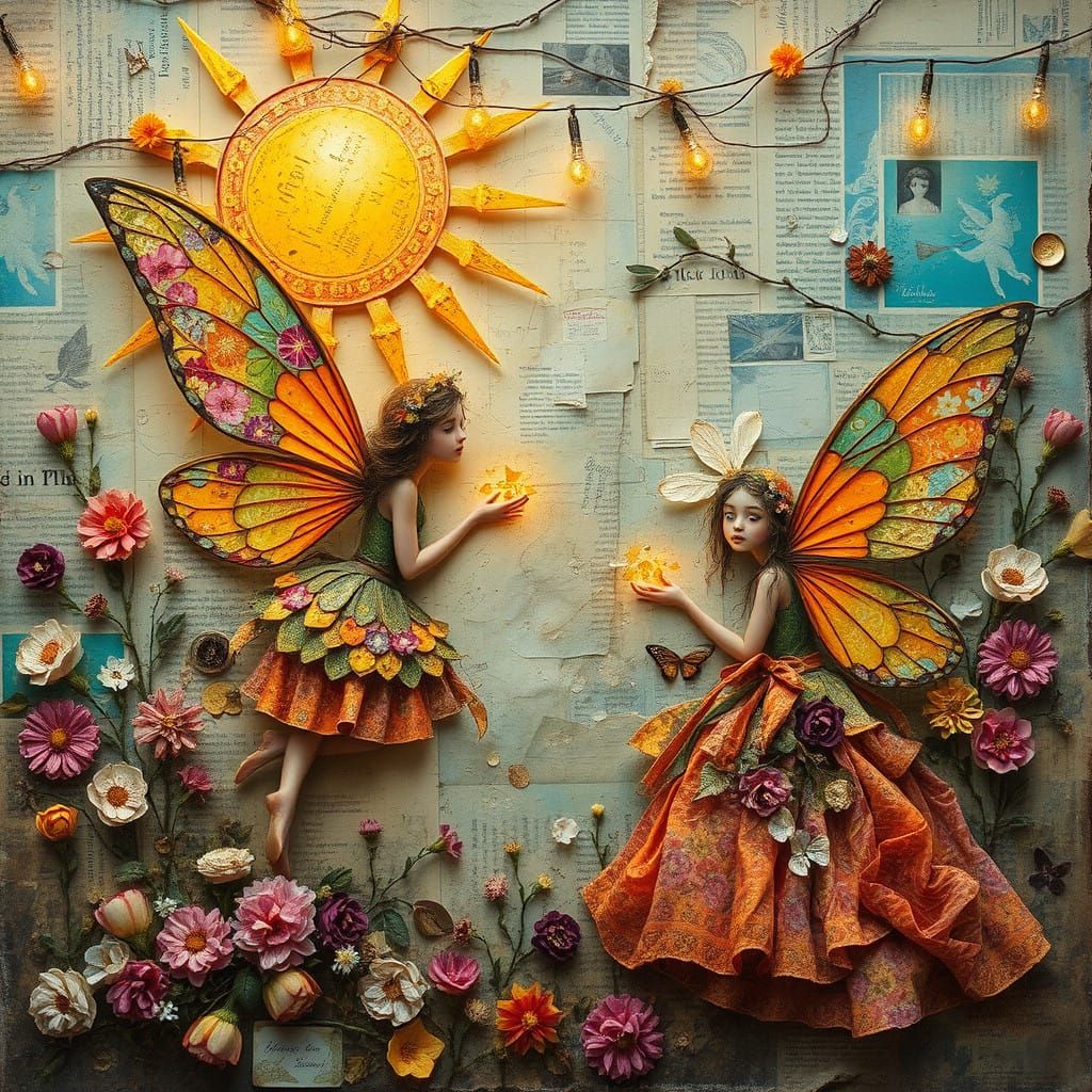 Whimsical Collage Fairies in a Dreamlike Landscape