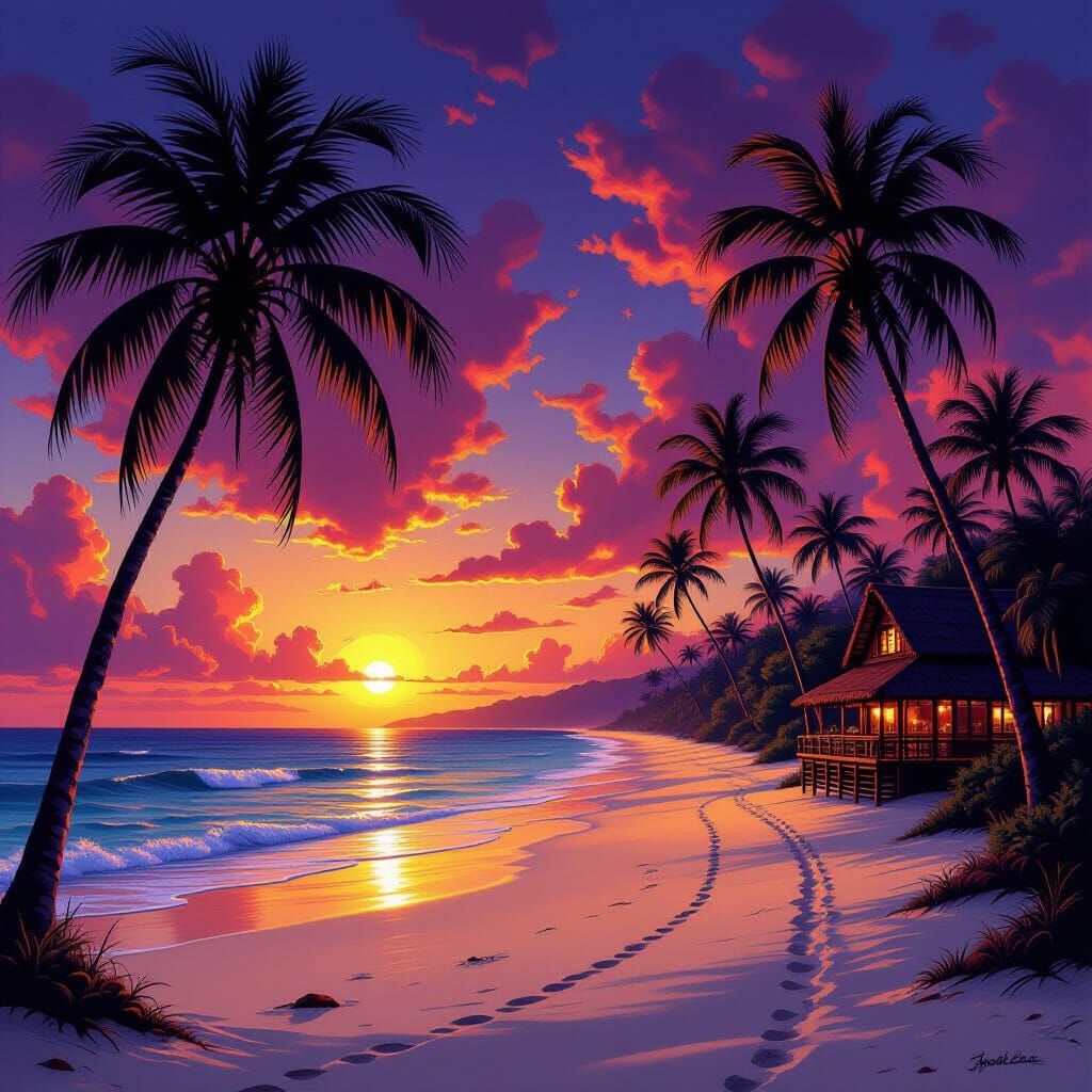 Epic Tropical Beach Sunset in Fantasy Art Style